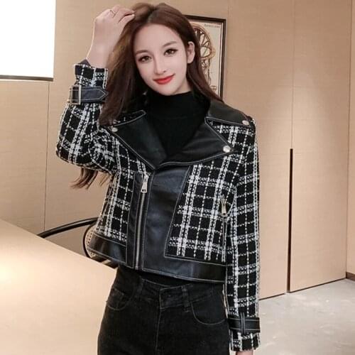 Harajuku Women Lattice Stitching PU Leather Coat Fashion Streetwear Spring Autumn Korean Motorcycle Female Short Woolen Jacket