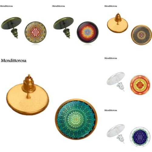 Mendittorosa Glass Cabochon Jewelry With Bronze/Silver/Golden Clip Ear Hook Stud Earrings For Women Party Buddhist Sri Yantra