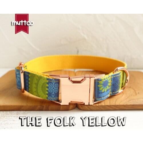 MUTTCO retailing high quality handmade collar with bow tie THE FOLK YELLOW dog collar leash set 5 sizes UDC024M