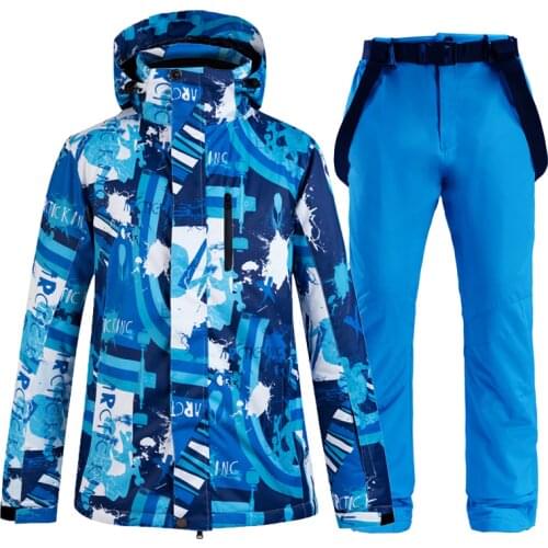 -30 Outdoor Sports Wear Mens Snow Suit Sets Snowboarding Clothing Waterproof Winter Costume Blue Ski Jackets + Bibs Pants Male