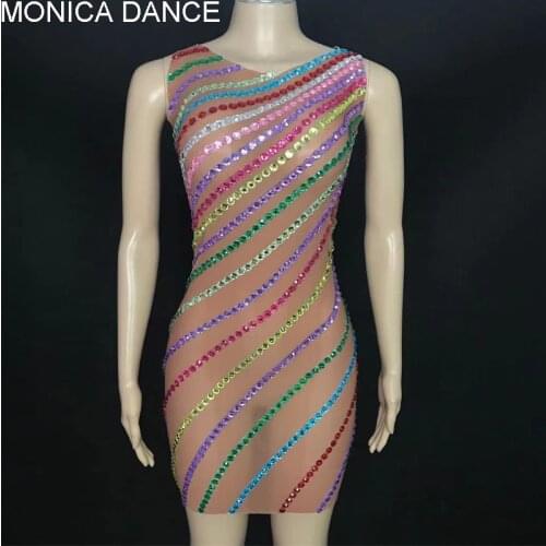 Sexy Stage Colorful Rhinestones Rainbow Transparent Sleeveless Dress Birthday Celebrate Mesh Stage Costume Dancer Singer Dress