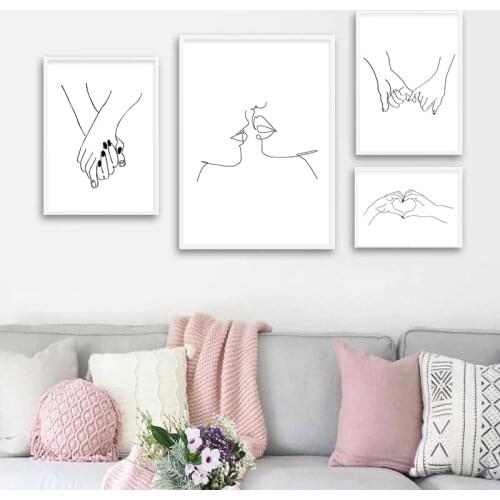 Nordic Couple Hands Line Love Drawing Abstract Posters and Prints Black White Artwork Canvas Painting Picture Home Wall Decor