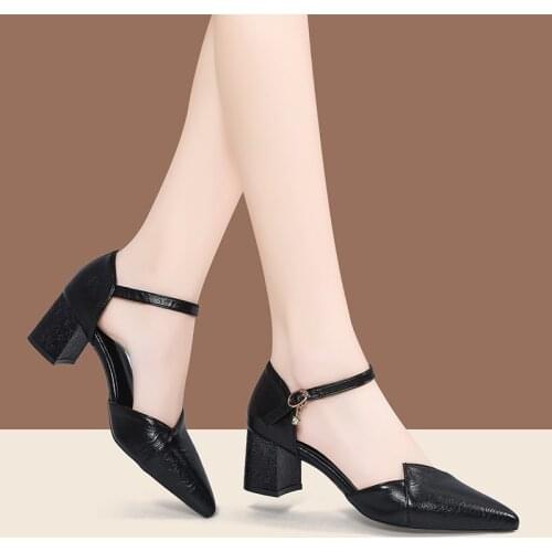 Summer Spring Women High Heels Dress Shoes Pointed Toe Sandals Ankle Strap Pumps Black Square Heeld Sandalias Mujer Office 9154N