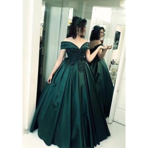 2021 Green Ball Gown Beaded Evening Dresses Corset Back Sleeveless Long Satin Appliques Formal Party Gowns Robe De Soiree