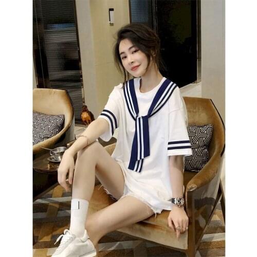 2021 Summer New Womens T-shirt Fake Two-piece White T-shirt Short Sleeve Shawl Navy Top Plus Fashion Woman Tshirt Kawaii Clothes