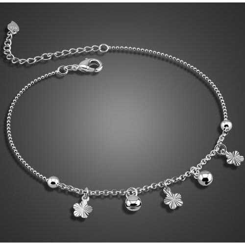 Fashion silver flower pendant anklets.Women solid 925 silver anklets.Cute girl bell anklets.Charming lady silver jewelry