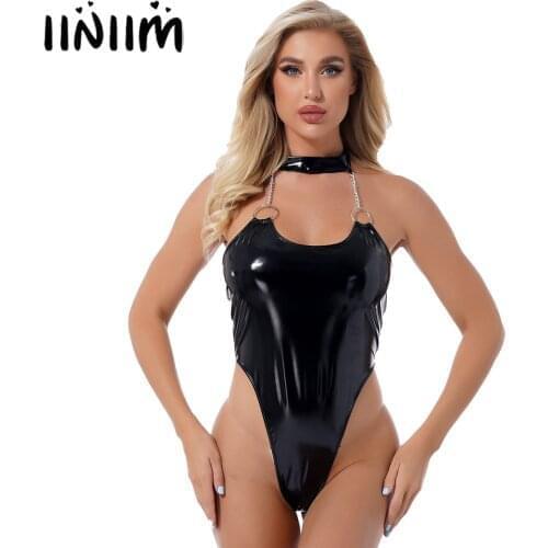 Women Wetlook Shiny Patent Leather Bodysuit Halter Neck O Ring Metal Chain Glossy Backless Sleeveless High Cut Leotard Catsuit