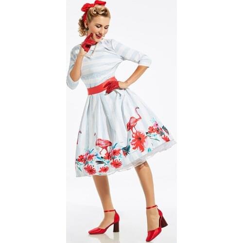 HGTE women vintage autumn dress print rockabilly stipe red sashes dresses long sleeve pin up autumn a line vintage dresses