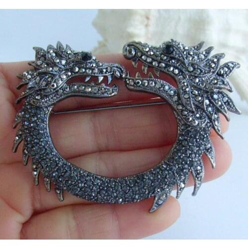 2.76" Vintage Chinese Dragon Brooch Pin Pendant Black Gray Rhinestone Crystal EE05007C3