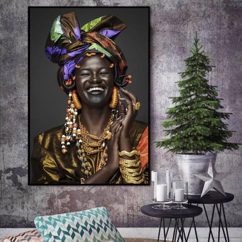 African Laughing Black Women Figure Canvas Painting National Style Wall Art Poster and Print Wall Pictures for Living Room Decor