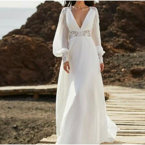 Bohemian Wedding Dress A-Line V-Neck Lantern Sleeve Appliques Backless Pleat Floor Length Sweep Train Bride Gown Custom Made New
