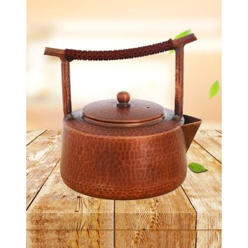 1200ML Hand-made Red Copper Pot Thickened Hammered Teapot Health Boiled Water Pot Electric Ceramic Stove Teapot Pure Copper Pot