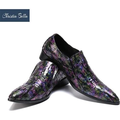 Christia Bella New Fashion Genuine Leather Men Business Shoes Plus Size Color Printing Slip on Pointed Toe Formal Dress Shoes