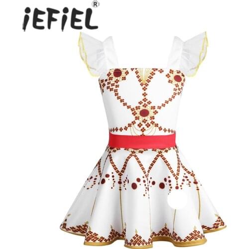 IEFiEL Kids Girls Ruffled Ballet Tutu Dancewear Square Neckline Printed Ballet Dance Gymnastics Dress Print Costume Dress