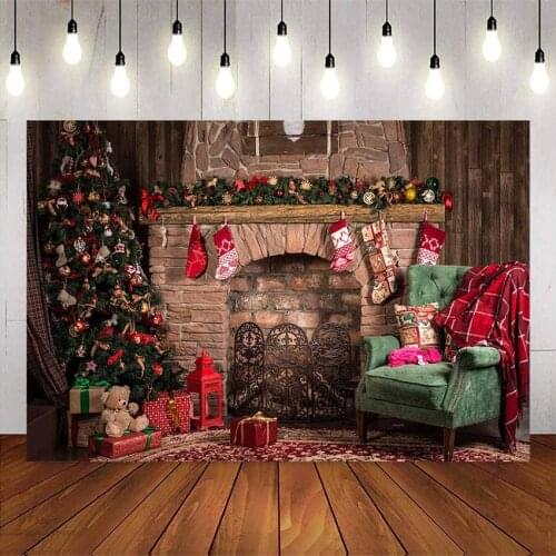 Photography backdrop rustic brick fireplace photo booth background christmas tree sofa gifts sock backdrop photocall