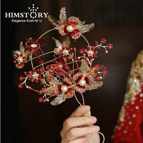 HIMSTORY New Style Red Butterfly Wedding Bouquet Bridal Fan Hollow Beaded Flowers Chinese Metal Round Girls Hand Holder Fan