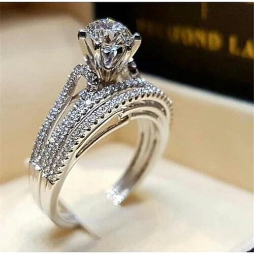 2Pcs/set Luxury Crystal Zircon Wedding Rings For Women Charm Silver Color Shiny Engagement Rings Set Jewelry Accessories Gifts