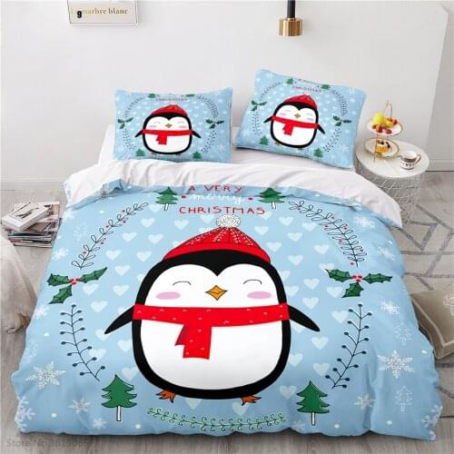 3d Cartoon Cute Christmas Penguins Printed Bedding Set Duvet Cover with Pillowcase Single Twin Double Queen King Size Bed Linen