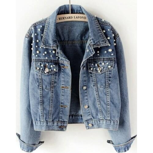 Pearl Beading Short Women Denim Jackets Women Long Sleeve Lapel Casual Jean Jacket Denim Coat Crop Jacket Women Chaquetas Mujer