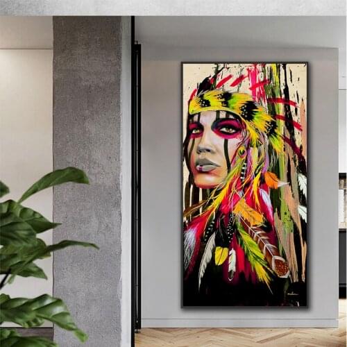 Colorful feather girl canvas painting native women wall art for living room poster printing wall decor picture no frame