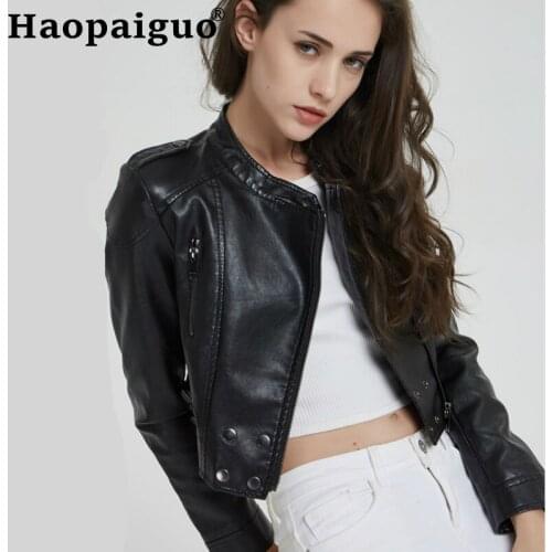 European Style Stand PU Leather Jacket Modis Motorcycle Leather Outwear Coat Women Black Biker Coat Basic Streetwear Women Cloth