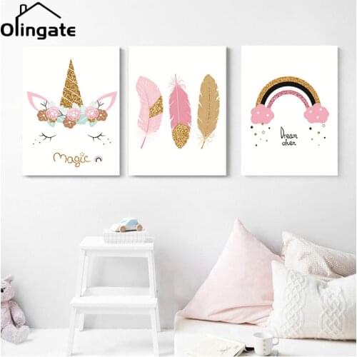 Cute Cartoon Unicorn Canvas Poster for Girls Room Pink Dream Rainbow Magic Canvas Painting One Piece Wall Art for Kid Room Decor