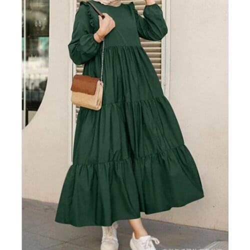 Muslim Fashion Maxi Dresses for Women Ruffled Sleeves Pleated Hem Solid Color Round Neck Big Swing Long Dress Lugentolo