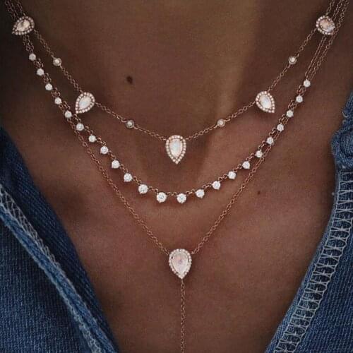 New Boho Fashion Pendant Necklaces For Women Vintage Gold Drop-shaped Crystal Necklace Multilayer Female Jewelry Wedding Gift