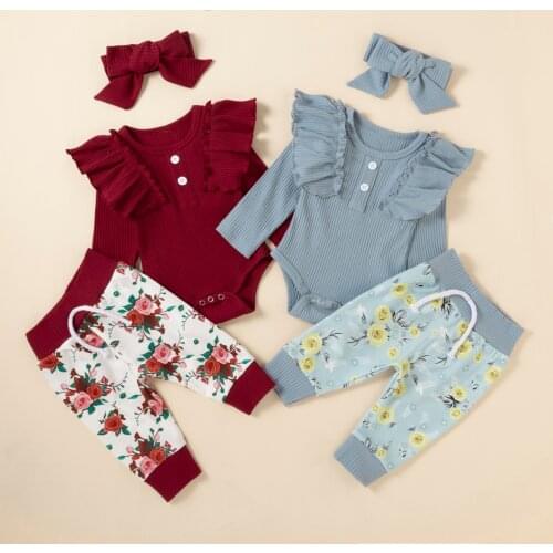 New Autumn Princess Infant Baby Girls Clothing Set Long Sleeve Ruffle Ribbed Solid Color Romper+Floral Pants+Headband 3PCS Suit