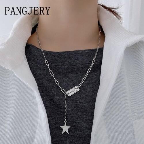 PANGJERY 925 Sterling Silver Pentagram Tassel Necklaces for Women Fashion Simple Elegant Square Card Anniversary Jewelry Gifts