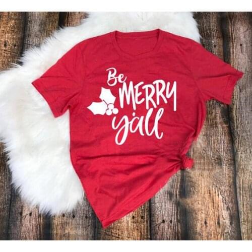 Casual Tumblr Tee Tops Be Merry Y'all Shirt Christmas Tees for Women Leaf Graphic Red Holiday Present Gift Shirt