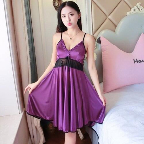 Sexy Night Dress For Women Deep V Lace Sleepwear Lingerie Silk Nightgown Sleeveless Nightdress Nightwear Summer Sling Homewear