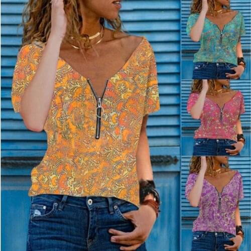 Summer Womens Fashion Fashion V-neck Tops Sexy Printed Zipper Short Sleeve T-Shirt Casual Loose Large Size Pullover Manteau