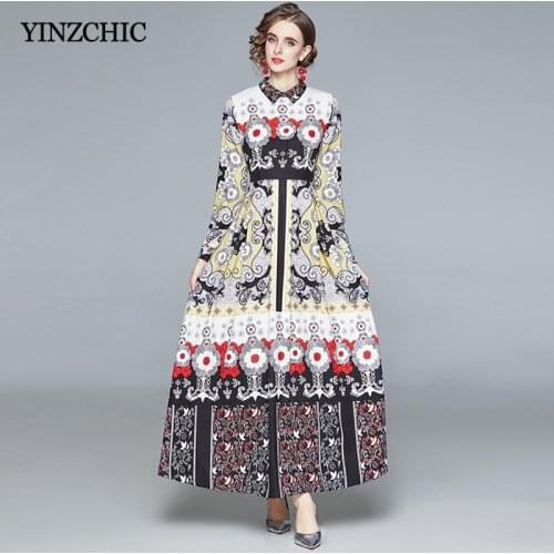 Spring New Woman Maxi Dress Vintage Printed Ladies Party Dresses Turn-down Collar Ethnic Female Long A-line Vestidos Femme