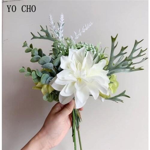 YO CHO Bridal Bouquet Artificial Flower Silk Rose Hydrangea Orchid Lavender Dahlia Eucalyptus Leaf Staghorn Fern Wedding Bouquet