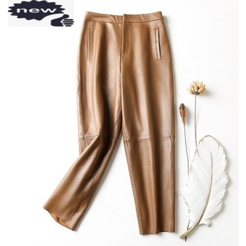 Fashion Women 100% Sheepskin Loose Fit Harem Ankle Length Luxury Genuine Leather Pants Ladies Streetwear Trousers Brown