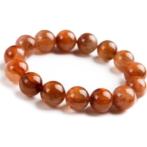 Genuine Natural Copper Hair Rutilated Quartz Crystal Women Lady Charm Round Bead Bracelet 15mm