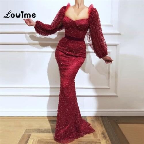 Burgundy Mermaid Evening Dresses Arabic Long Sleeves Dubai Muslim Girls Prom Dresses Gowns Robe De Soiree 2019 Sexy Party Dress