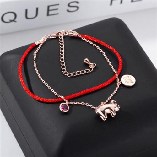 2019 2 layers Chinese FU Pig Zodiac Red Rope Charm Bracelet , Titanium Steel Rose gold color Cute piggy Fortune Hand Jewelry