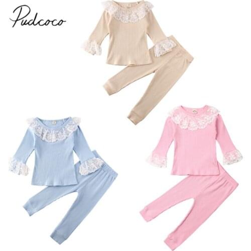 2019 Baby Spring Autumn Clothing Toddler Baby Girl Clothes Lace Ruffle Long Sleeve Top T-shirt Pants 2Pcs Solid Outfit 1-5T