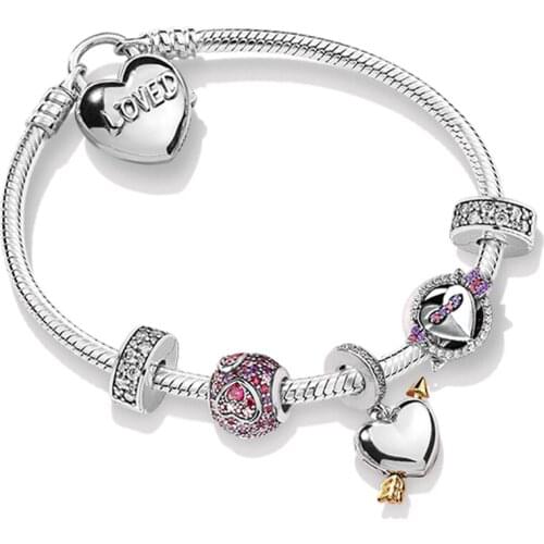 2019 NEW 100% 925 Sterling Silver Sweet Love Charm Bead Bracelet Set Valentines Day Gift Womens Quality Jewelry Making ZT0247