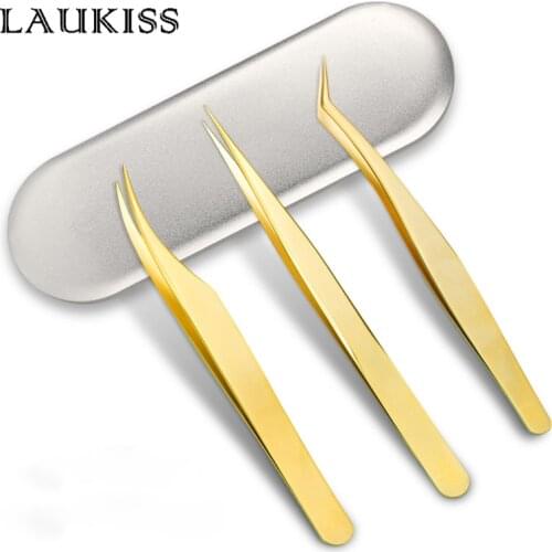 3pcs Professional Eyelashes Tweezers For Lashes Extension Gold Nipper Stainless Steel High Precision Eyelash Extension
