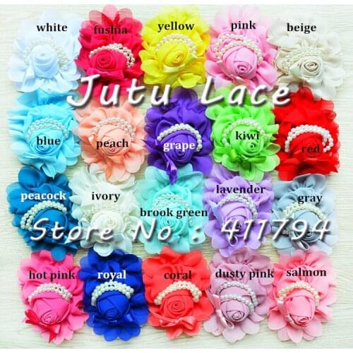 30 pcs/lot ,5 " apparel hair accessories shabby chiffon Flower Pearl Chiffon Flower,(20 colors for choose )