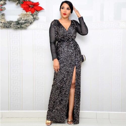 African Dresses for Women Bling Beading V Neck Long Sleeve Sashes Dashiki African Clothes Abaya Dubai Split Party Long Dress
