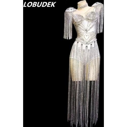 Sparkly Crystals Long Tassels Bodysuit Sexy Bar Party Nightclub Lady Costume Modern Dance Performance Outfit Jazz Dance Clothing