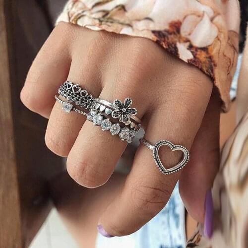 Bohemian Vintage Knuckle Rings For Women Boho Geometric Love Heart Flower Crystal Ring Set Midi Finger Ring Jewelry 6Pcs/Set