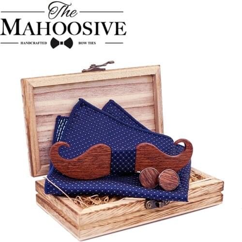 Mustache Wood Bowtie Handkerchief Cufflinks Sets for Mens Suit Wooden Bow tie dropshipping Bow Tie Bowknots Cravat
