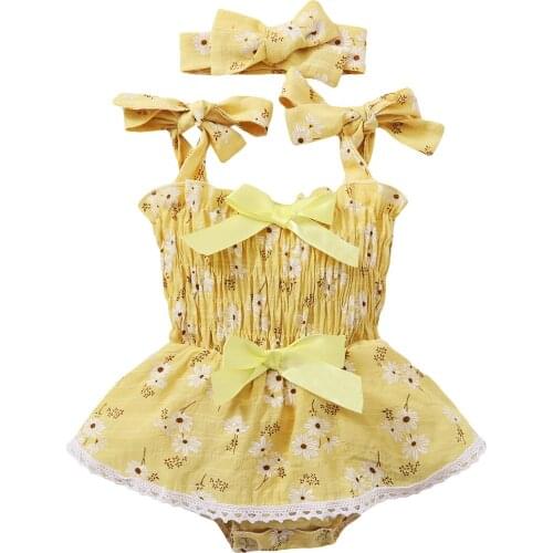 Baby Girls ral Print Clothes Set, Girls Sleeveless Jumpsuit + Bow-knot Headband for Summer