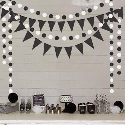 White Black Themed Party Circle Paper Pennants Garlands Graduation Birthday Party Flags Halloween Wall Spider Hanging Decoration