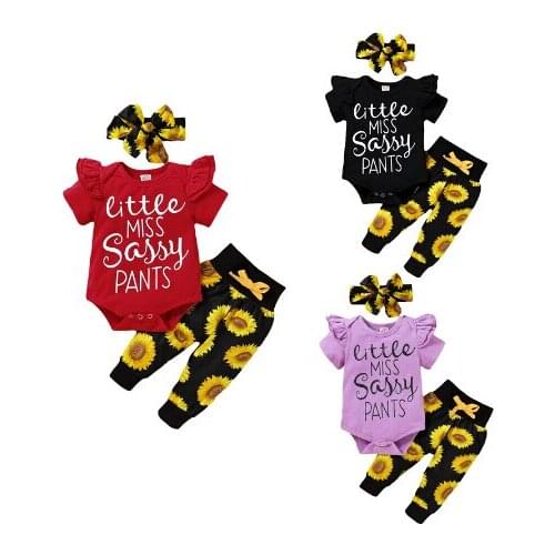 0-24m Newborn Toddler Baby Girls Boys Clothes Sets Letter Floral Print Ruffles Short Sleeve Romper Top+Pants+Headband 3pcs